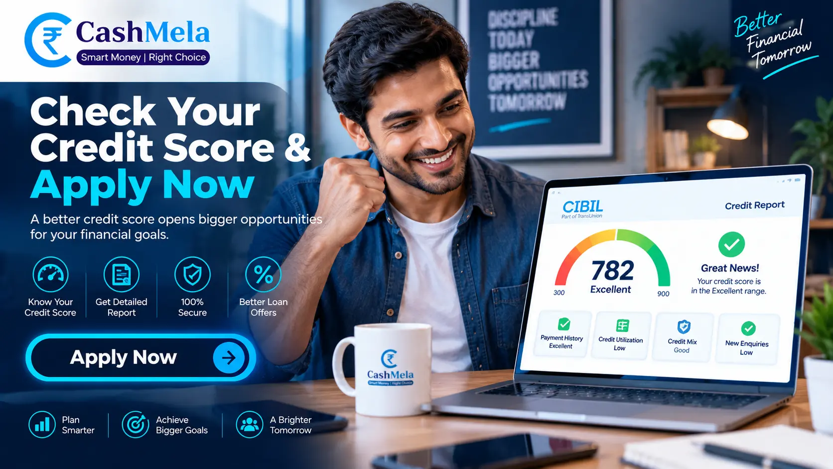 motivational image of someone smiling while reviewing their credit report on a laptop, CTA overlay reading Apply Now