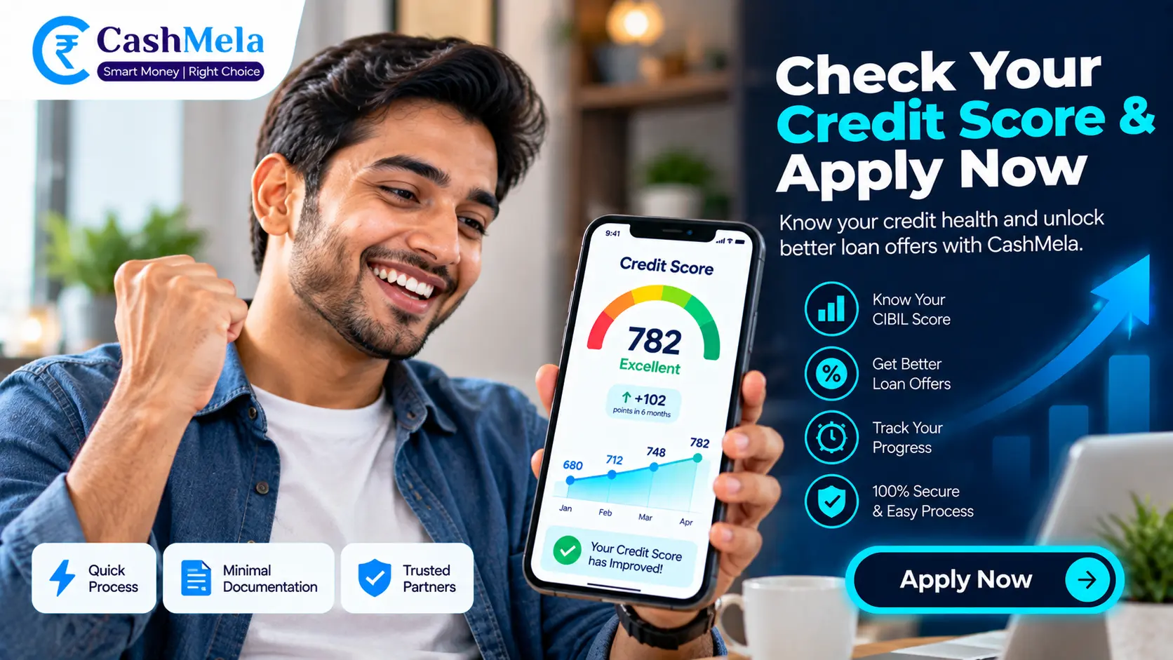 someone reviewing their improved credit score on a phone Apply Now