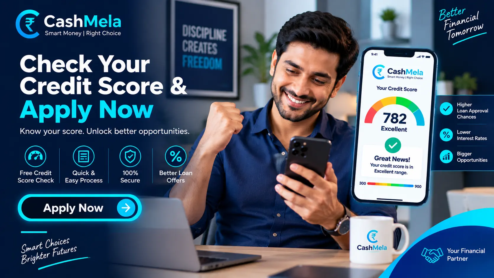 someone smiling while checking their credit score on a phone Apply Now