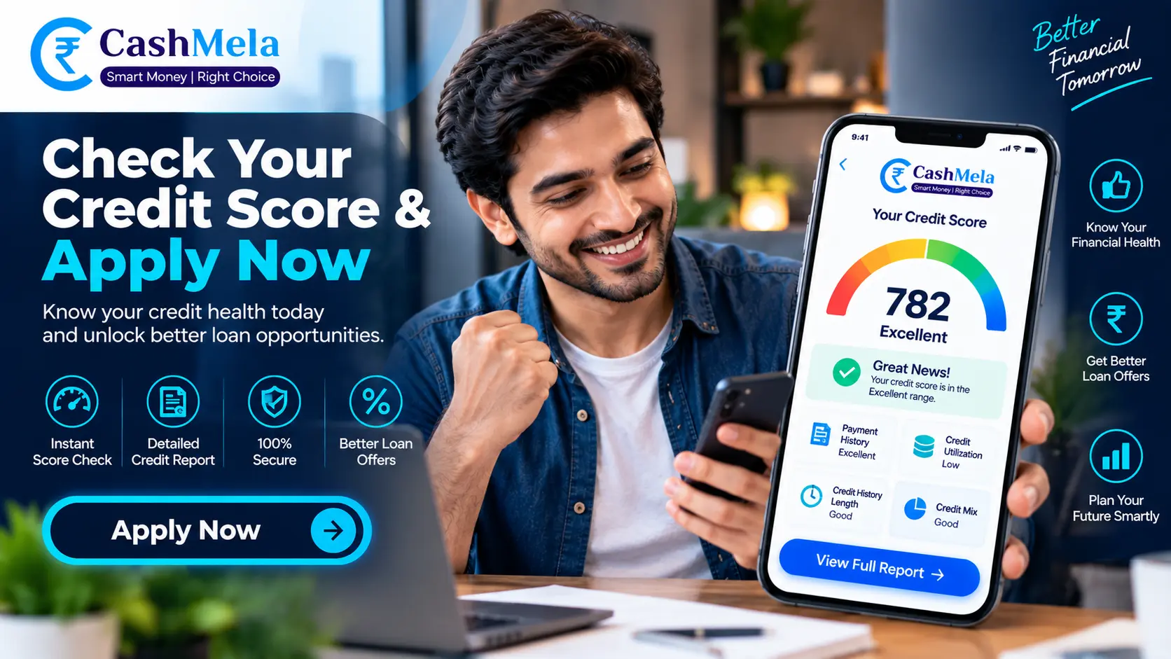 motivational image of someone confidently reviewing their credit score on their phone, CTA overlay reading Apply Now